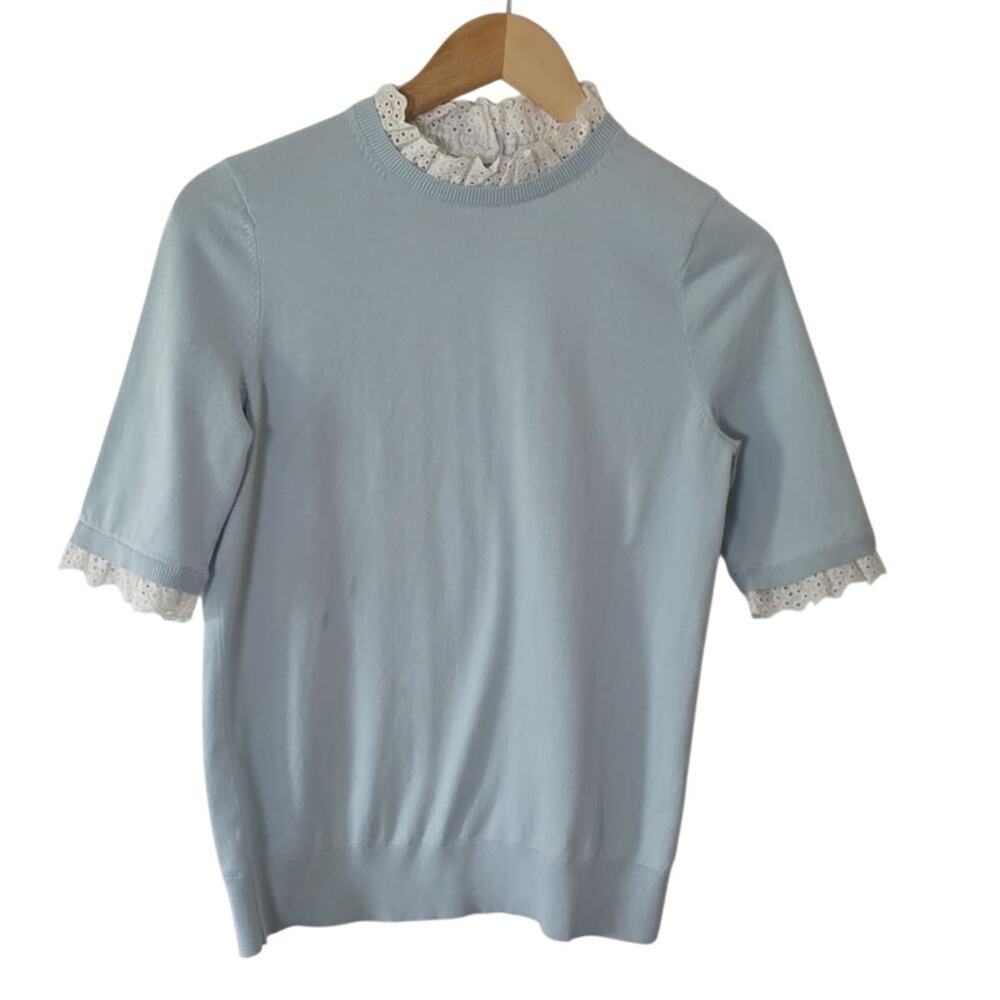 Boden Women's Dawn Sky Blue Ruffled Eyelet Lace Short-Sleeve Top Small Sweater